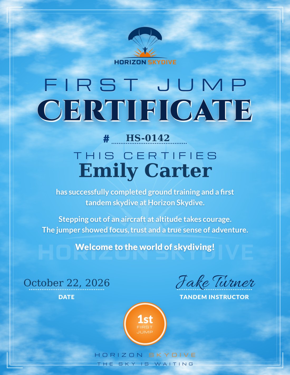 A first-jump certificate filled in with the customer’s name, the drop zone, the jump date and a certificate number