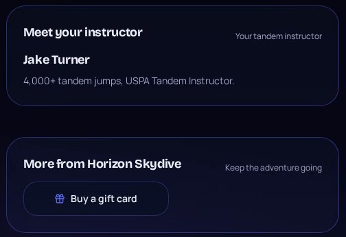 The customer’s page: meet your instructor, and a Buy a gift card button to the drop zone’s shop