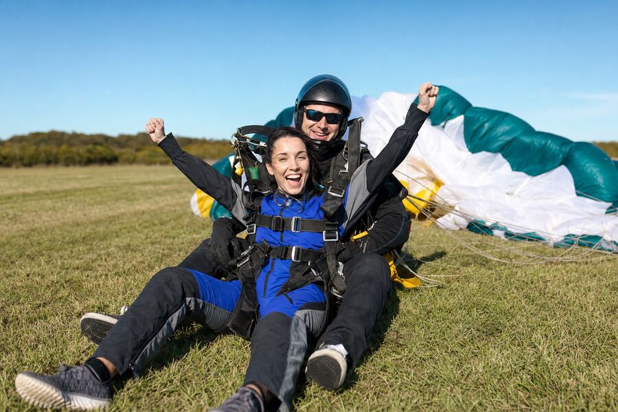 Ground photo of a tandem skydiver