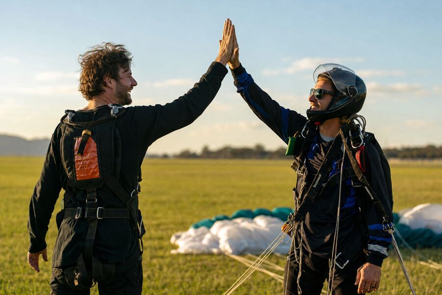 Ground photo of a tandem skydiver