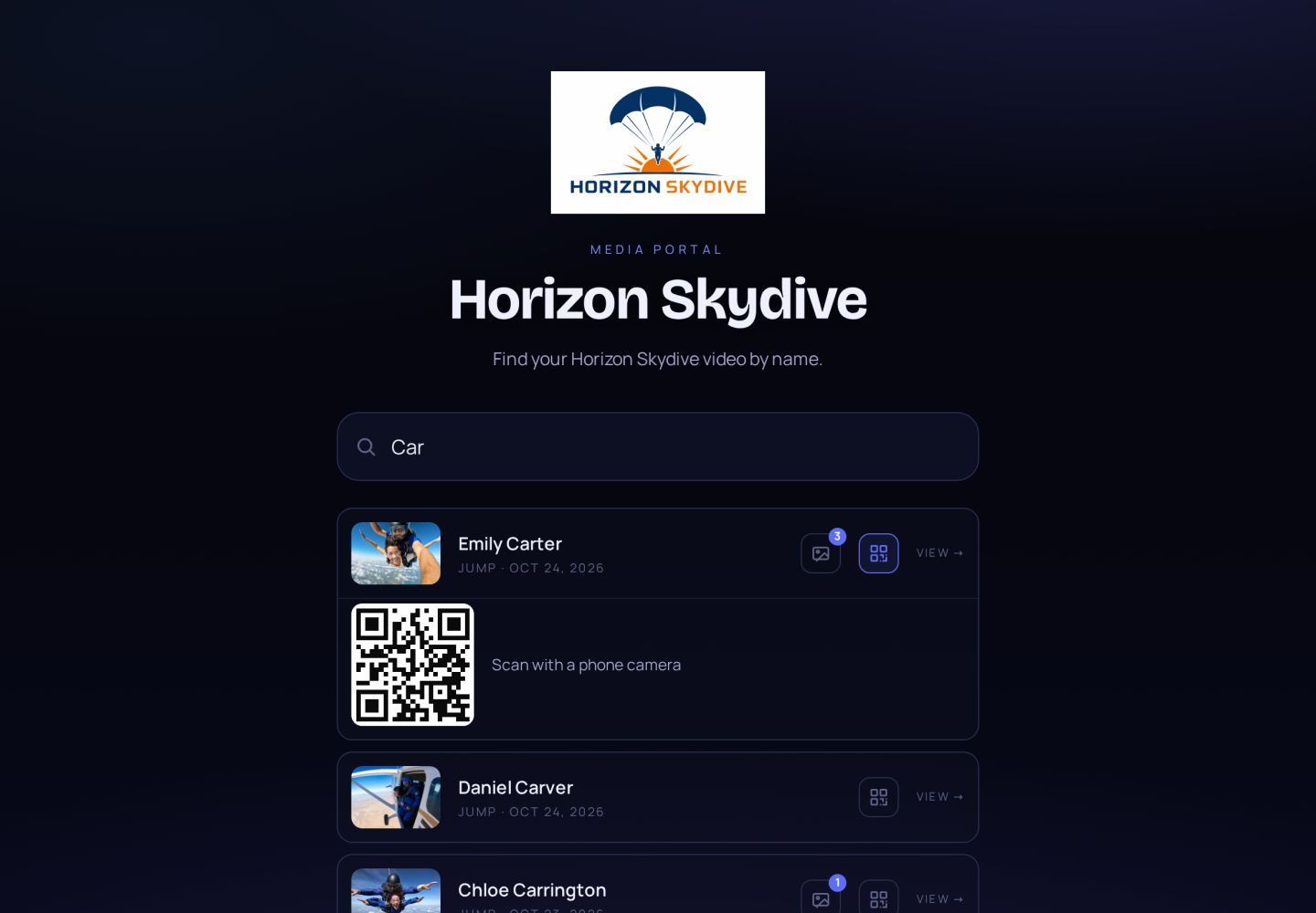 A drop zone’s media portal on an iPad: the customer searches their name and gets a QR code to their video